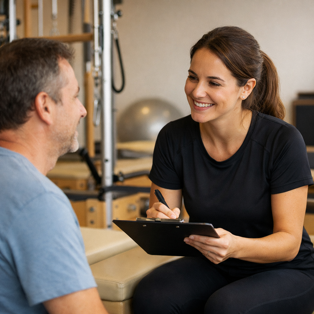 Fisioterapeuta realizando avaliação inicial com aluno