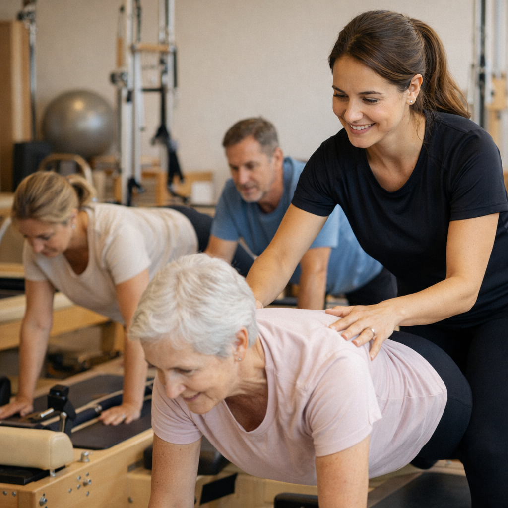 Aula de pilates clínico com turma reduzida e supervisão de fisioterapeuta